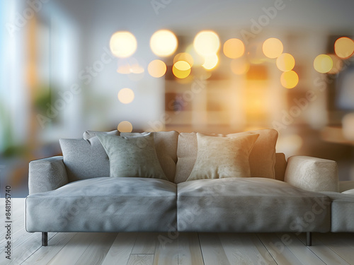 The living room area features a softly blurred sofa for backgrounds