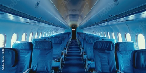 Aerial travel, passenger cabin interior, blue seating, airplane interior design