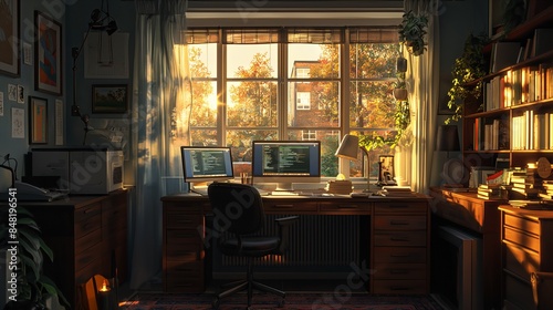 Cozy home office with sunset lighting