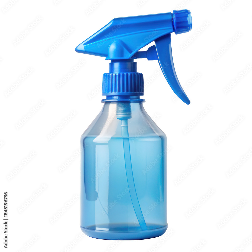 Blue plastic spray bottle. This versatile bottle is perfect for cleaning and gardening, featuring an adjustable nozzle, isolated on transparent background, png. Blue plastic spray bottle. This versatile bottle is perfect for cleaning and gardening, featuring an adjustable nozzle, isolated on transparent background, png.