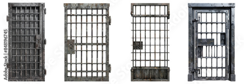 Set of Prison cell door with iron bars in 3D, isolated on transparent background. Ideal for justice, law, and security system designs.