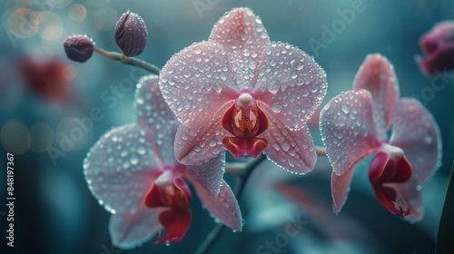 Pink Orchids Covered in Morning Dew