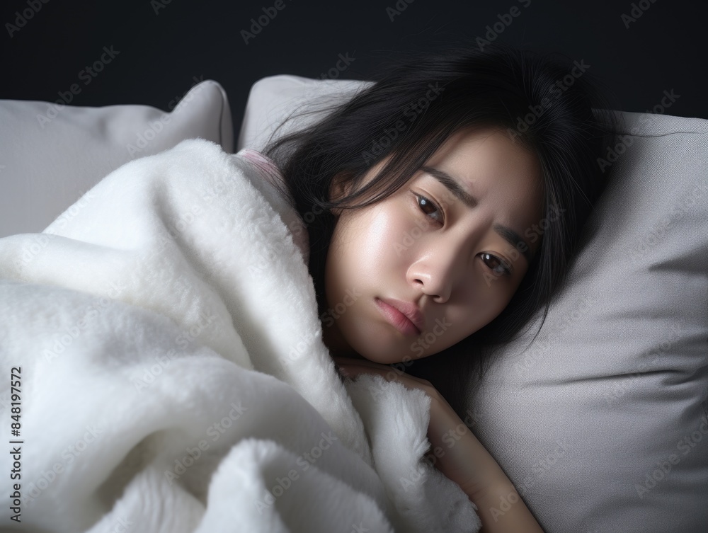 A woman resting in bed with a soft white blanket, perfect for depicting relaxation and calmness A woman resting in bed with a soft white blanket, perfect for depicting relaxation and calmness