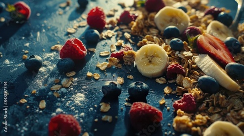 A close-up shot of a bowl filled with cereal, berries, and bananas