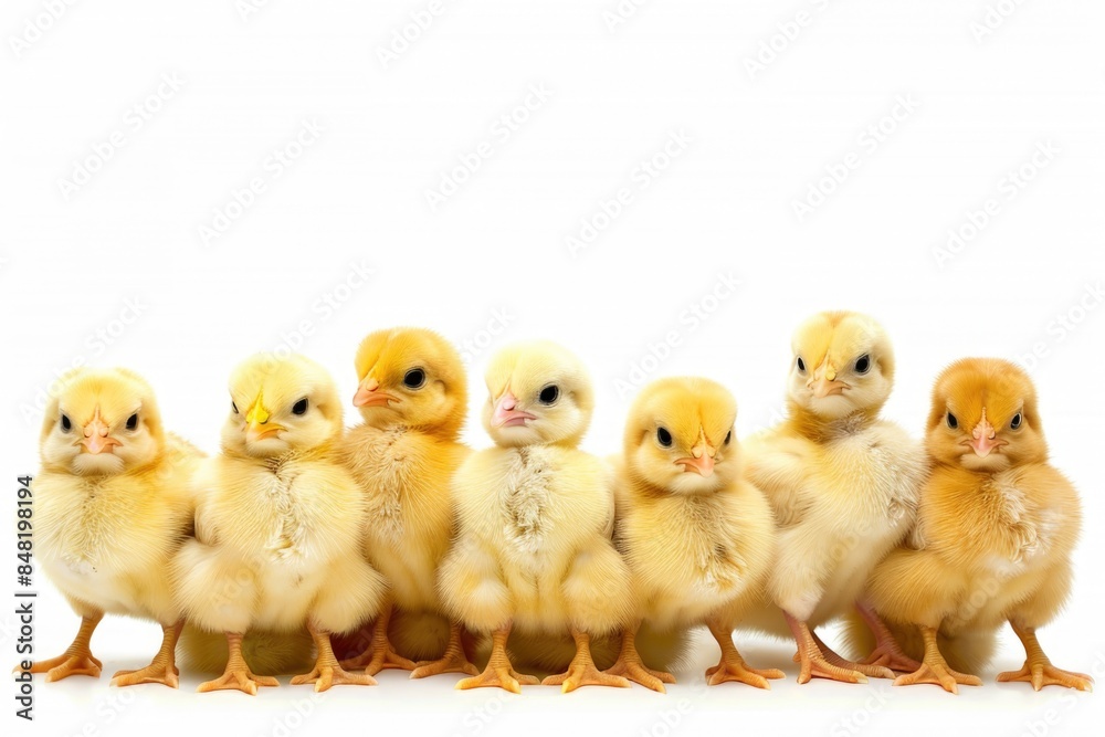 A group of adorable baby chicks stand together, fluffy and curious A group of adorable baby chicks stand together, fluffy and curious