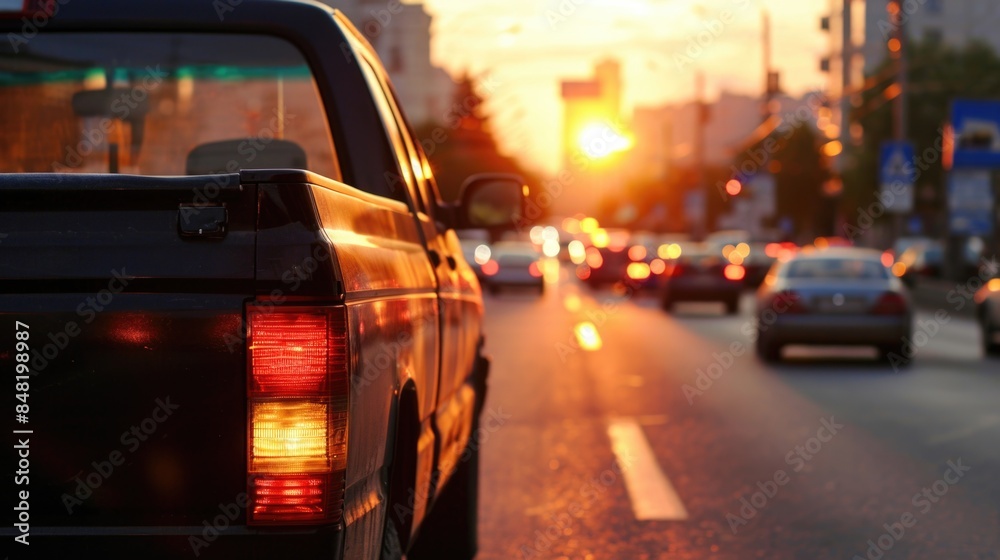 A black truck drives down the street surrounded by tall buildings, with traffic lights and pedestrians in view A black truck drives down the street surrounded by tall buildings, with traffic lights and pedestrians in view