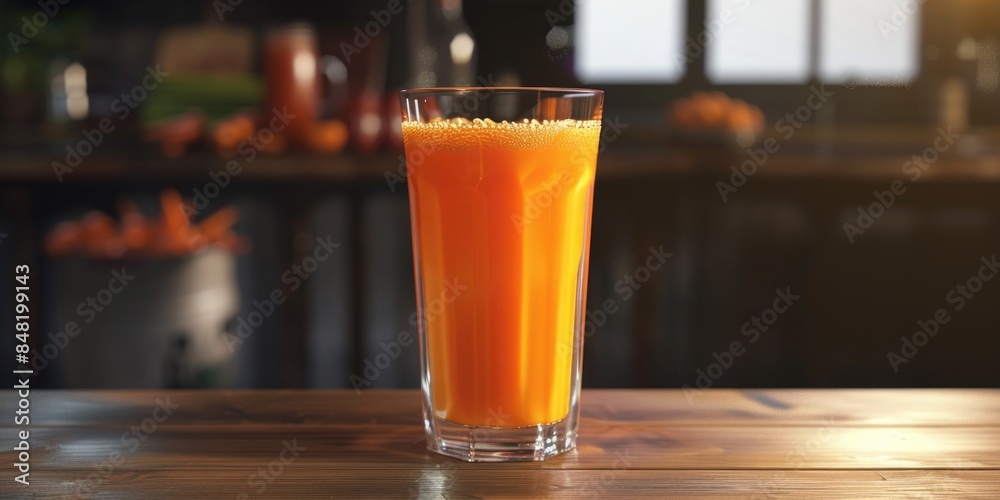 A clear glass filled with fresh orange juice sitting on a table, ready to be enjoyed A clear glass filled with fresh orange juice sitting on a table, ready to be enjoyed