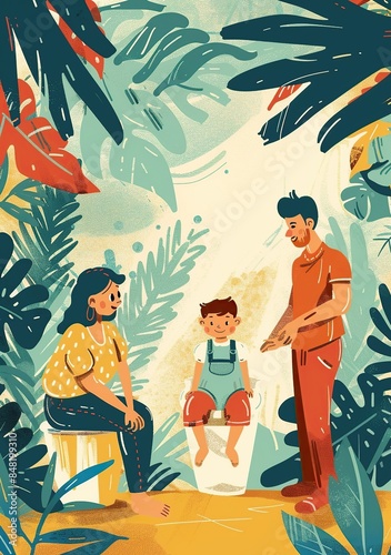 Illustration of parents with son in home setting