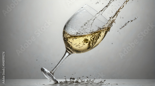 a dynamic moment where a glass of white wine is tipping over, with the wine splashing out in a lively spray against a neutral gray background