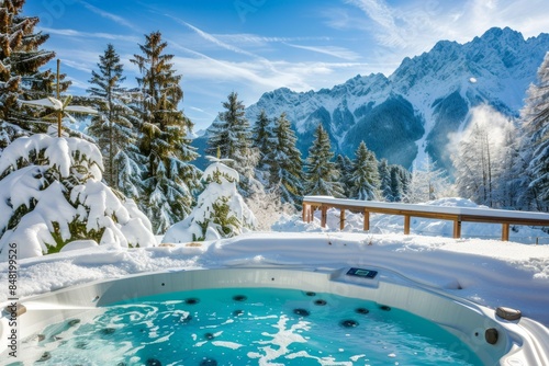 Outdoor hot tub with breathtaking snowy mountain backdrop, surrounded by evergreen trees under a clear blue sky.