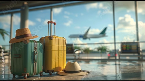 Two suitcases, placed in an airport hall or lobby with an airplane in the background visible through a window. Arrival before the airplane flight transportation, no people