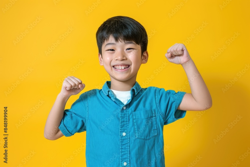 Young boy stands proudly with fists raised, symbolizing confidence and determination Young boy stands proudly with fists raised, symbolizing confidence and determination