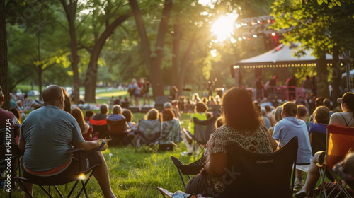 Fototapeta Naklejka Na Ścianę i Meble -  City residents attending an outdoor concert in a park