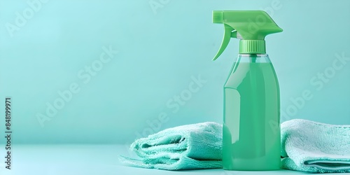 Green cleaner bottle beside matching cloth for cleaning surfaces effectively and sustainably. Concept Eco-Friendly Cleaning Tips, Sustainable Living, Household Cleaning, Green Cleaning Products photo