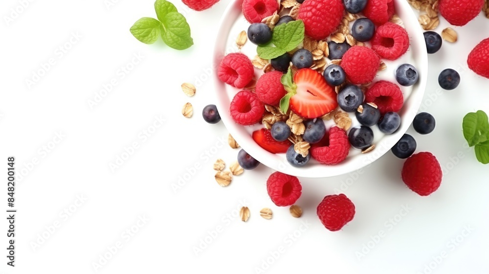 A colorful breakfast bowl filled with cereal, fresh berries, and mint leaves A colorful breakfast bowl filled with cereal, fresh berries, and mint leaves