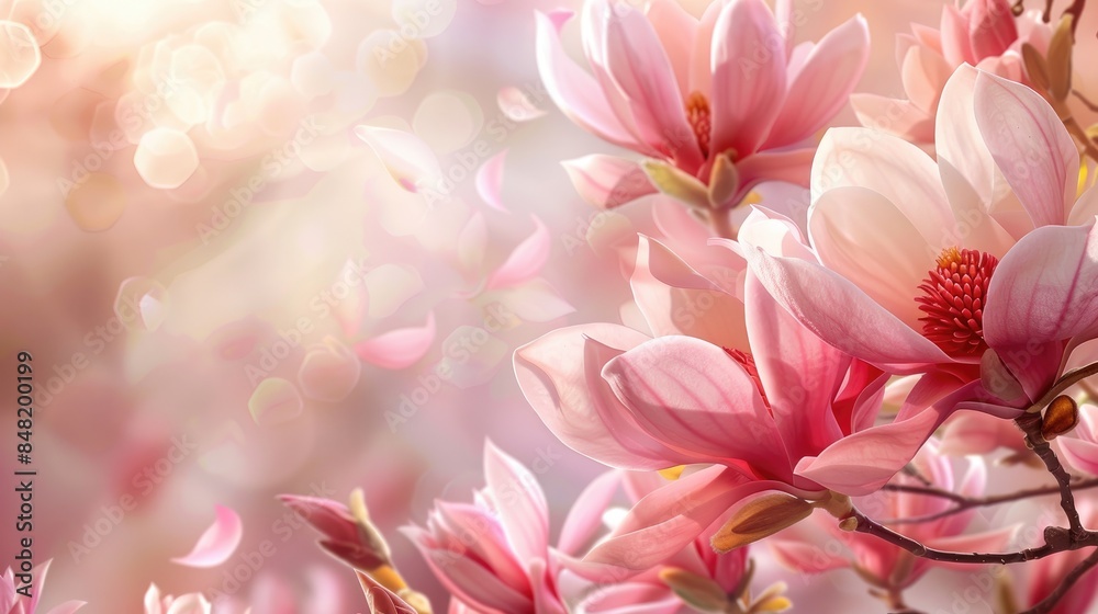 Magnificent pink magnolia flowers on a soft light background in spring Magnificent pink magnolia flowers on a soft light background in spring