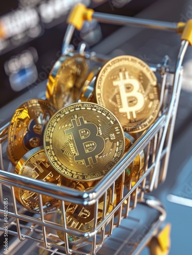 A shopping cart filled with golden bitcoin coins, perfect for financial or cryptocurrency concepts