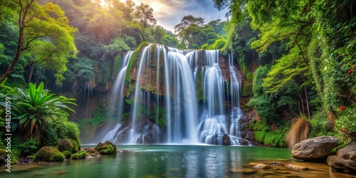 Majestic waterfall flowing through a dense forest , waterfall, lush, greenery, tranquility, nature, scenic, serene © Woonsen