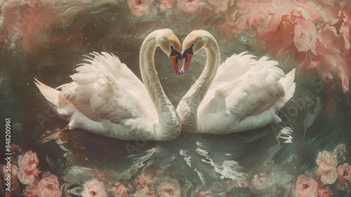 Fototapeta Naklejka Na Ścianę i Meble -  white swan couple forming a heart with pink flowers