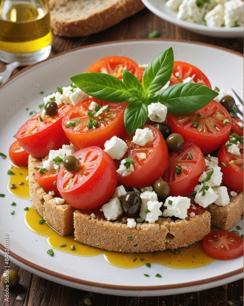 A plate featuring traditional Greek Dakos: barley rusk topped with chopped tomatoes, crumbled feta cheese, capers, and olive oil, garnished with fresh herbs. A plate featuring traditional Greek Dakos: barley rusk topped with chopped tomatoes, crumbled feta cheese, capers, and olive oil, garnished with fresh herbs.