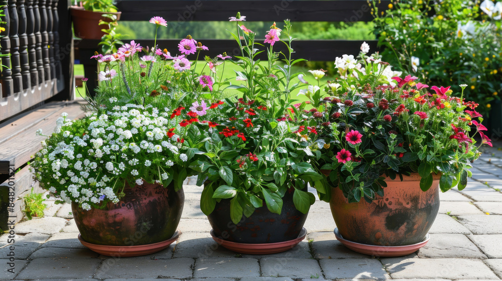 Container garden on a patio with a mix of flowers and herbs Container garden on a patio with a mix of flowers and herbs