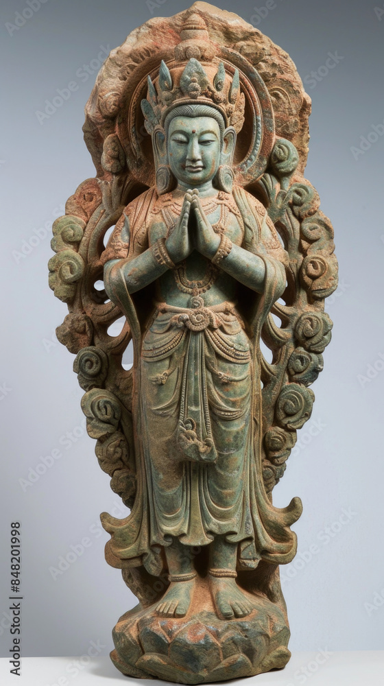 Ancient Stone Buddha Statue with Intricate Carvings and Serene Expression in a Peaceful Pose, Symbolizing Spirituality and Tranquility, Perfect for Cultural and Religious Themes Ancient Stone Buddha Statue with Intricate Carvings and Serene Expression in a Peaceful Pose, Symbolizing Spirituality and Tranquility, Perfect for Cultural and Religious Themes