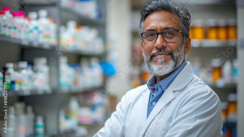 Portrait of Asian Indian pharmacist. Pharmacy owner in India