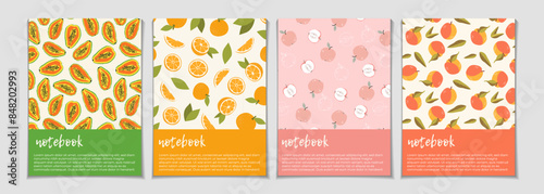 Notebook cover template with colorful fruit patterns with apples, papaya, oranges, peaches. Planner, diary, notepad, organizer with cute design. Vector cards, notes, stickers, labels.
