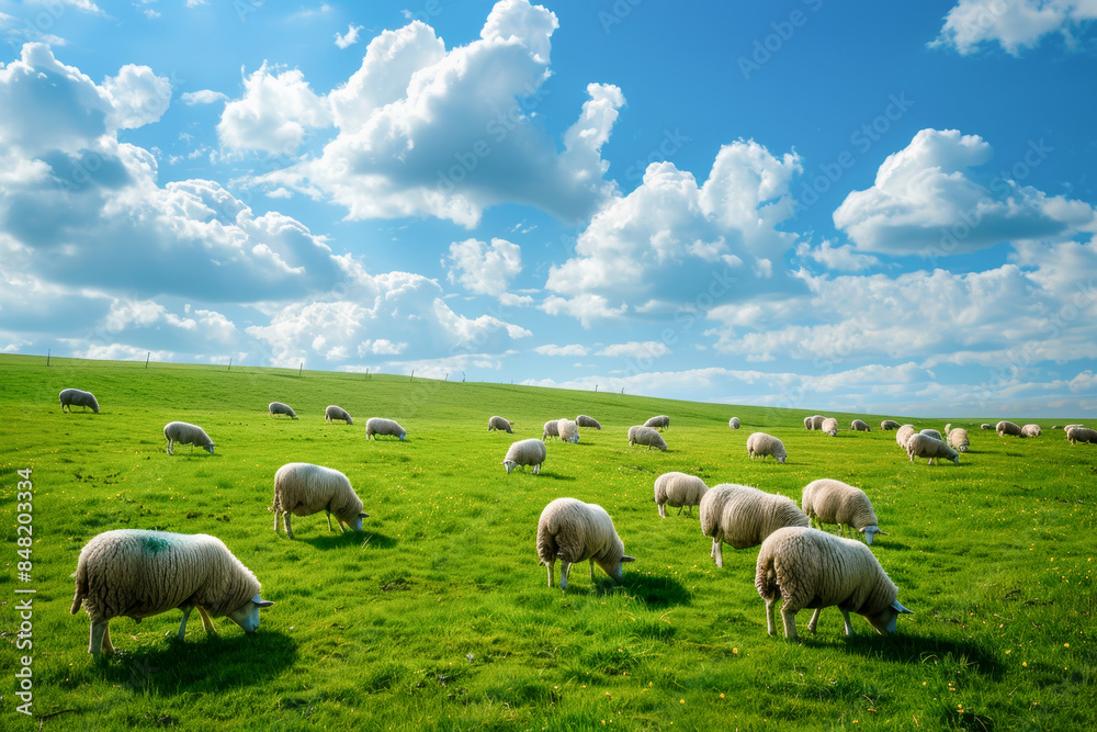 Fototapeta premium Observe a serene scene with calm sheep grazing on a sunny green hill beneath blue skies