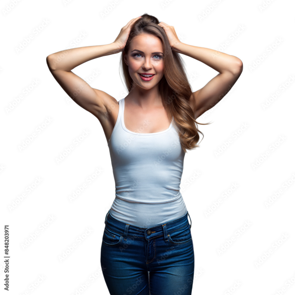 Smiling woman in casual wear with hands on head on transparent background Smiling woman in casual wear with hands on head on transparent background