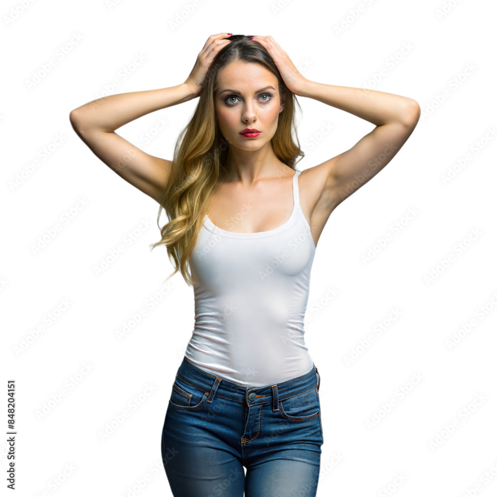 Confused young woman in casual outfit on transparent background Confused young woman in casual outfit on transparent background