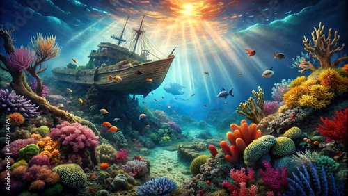 Underwater scene with a sunken ship