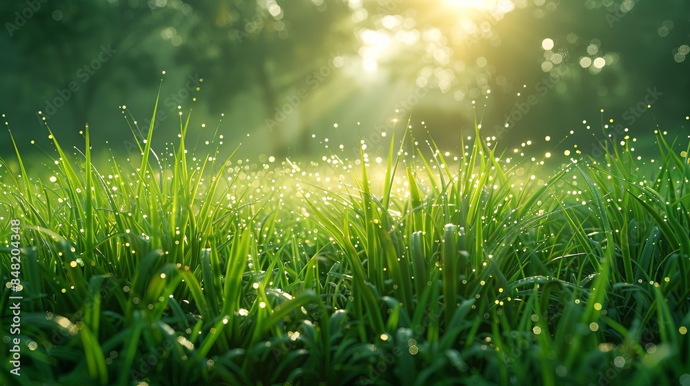 Green grass, thin blades of grass, sunlight coming through the blades, beautiful Tyndall light