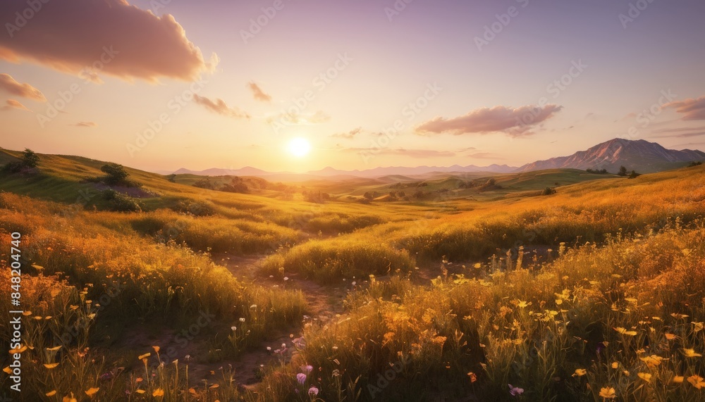 Beautiful golden sunset over a vast, blooming meadow in the countryside, featuring colorful wildflowers and rolling hills. The serene landscape captures the tranquility and beauty of nature at dusk