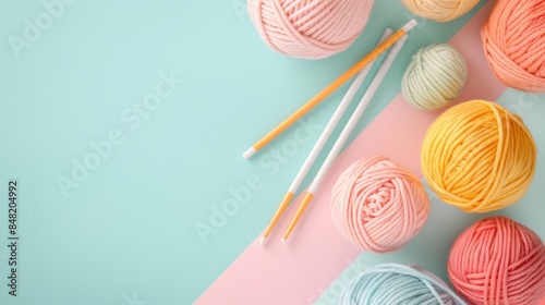 A set of knitting tools on a pastel background, highlighting creative DIY projects. --ar 16:9 --style raw Job ID: 4e5bbcb5-ca6a-4f34-a3ec-bcf4952704dd