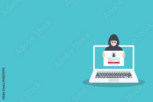 Hacker, cyber criminal looking for password trying to hack security. Credit card, bank account hacking. Vector illustration