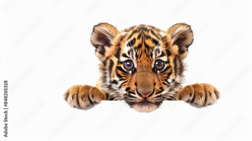 Obraz premium adorable tiger cub peeking over blank white banner cut out illustration