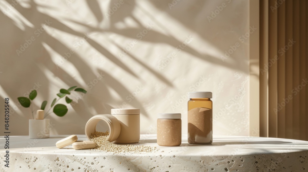 A set of wellness supplements on an earth-toned background with light textures, promoting health and vitality. --ar 16:9 --style raw Job ID: 586b3992-b08c-4c6b-9f00-ec3adba70bb4 A set of wellness supplements on an earth-toned background with light textures, promoting health and vitality. --ar 16:9 --style raw Job ID: 586b3992-b08c-4c6b-9f00-ec3adba70bb4