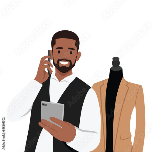 Young tailor talking on smartphone reading notebook at atelier. Flat vector illustration isolated on white background