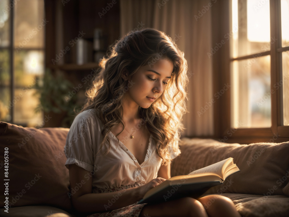 Obraz premium Young woman reading a book at home