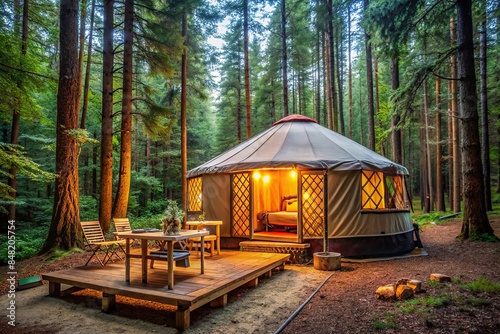 Authentic yurt camping in the forest with cozy interior and peaceful surroundings, yurt, camping, forest, serene, tranquil