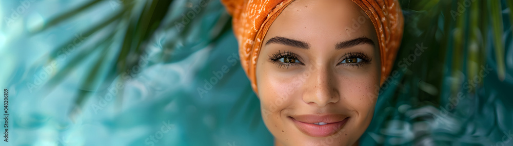 Smiling Woman with Orange Towel by Pool Smiling Woman with Orange Towel by Pool