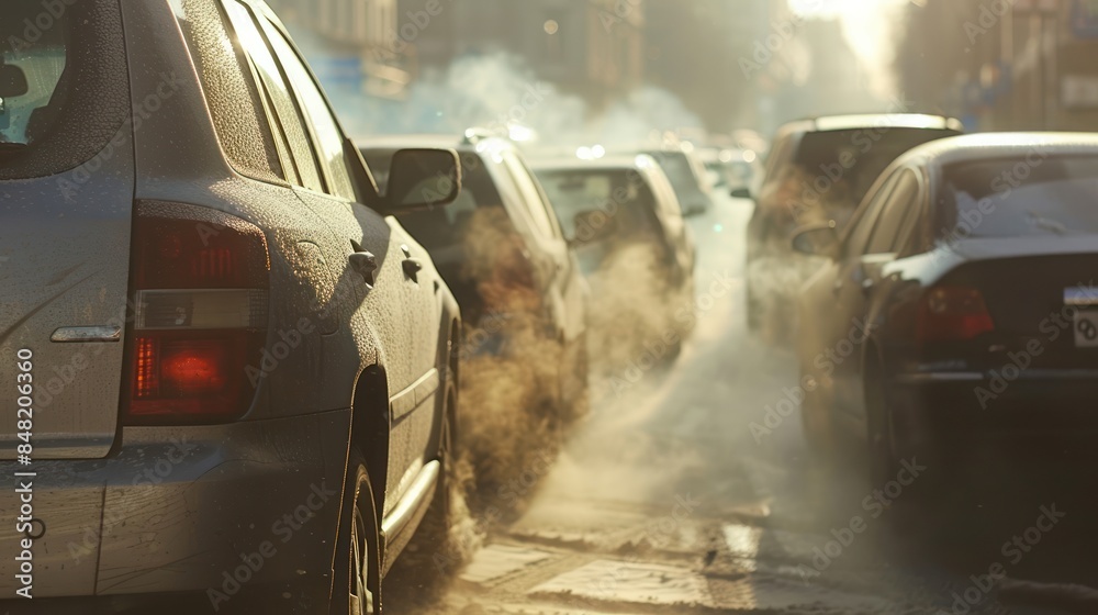 Obraz premium Vehicle Emissions: Photograph exhaust fumes billowing from the tailpipes of cars, trucks, and buses stuck in traffic congestion, contributing to urban air pollution.