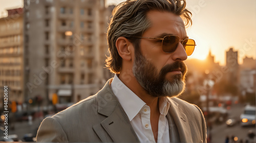 a stylish, middle-aged man with a well-groomed beard and hair, wearing sunglasses and a suit, set against an urban sunset that casts a warm golden light across the scene