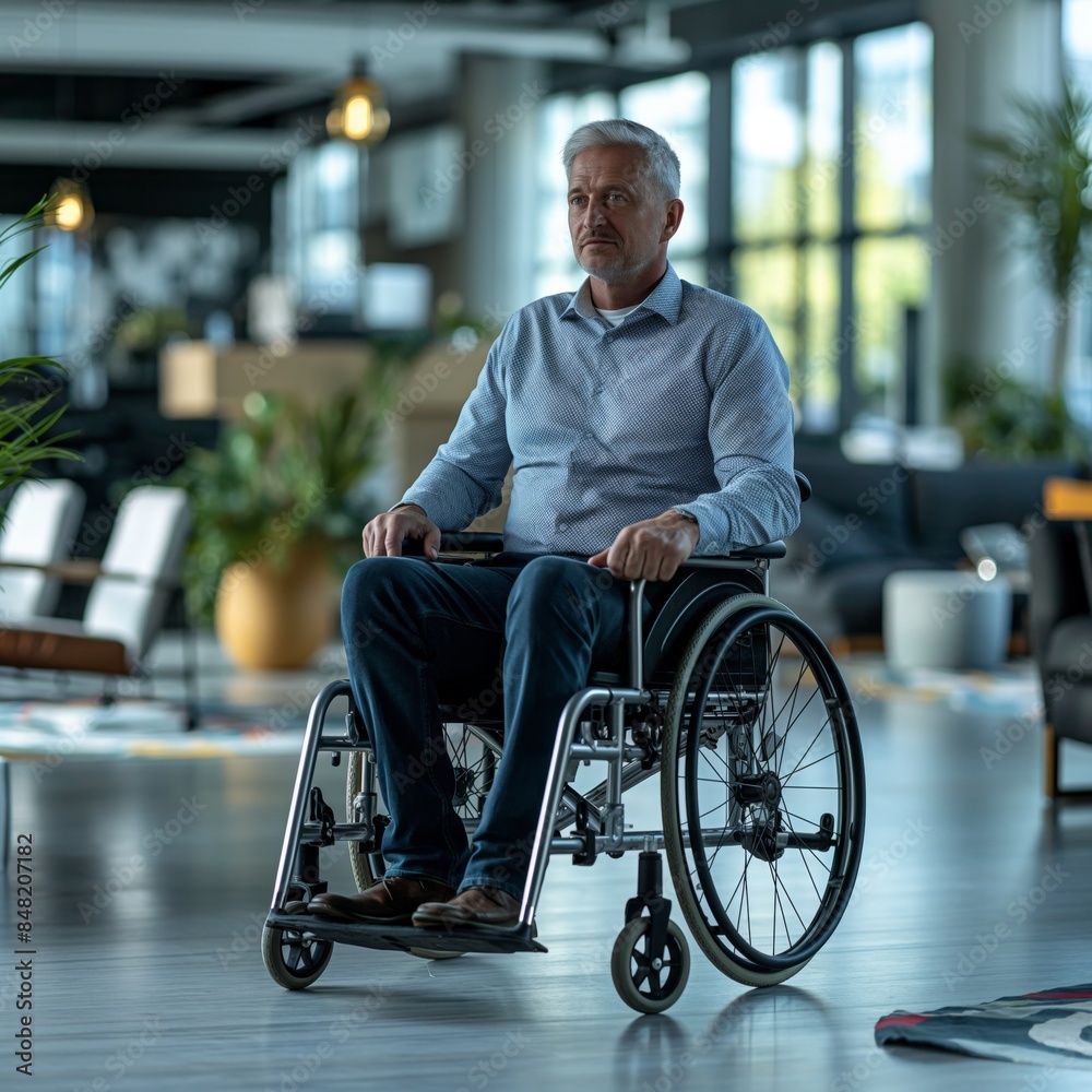 Senior male in wheelchair in modern space Senior male in wheelchair in modern space