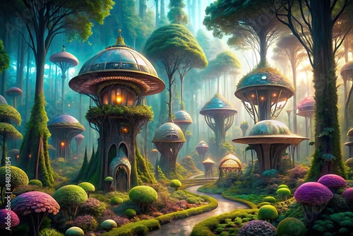 Enchanting fairy-tale forest with futuristic alien buildings, fantasy, magical, whimsical, dreamlike, mystical © wasana