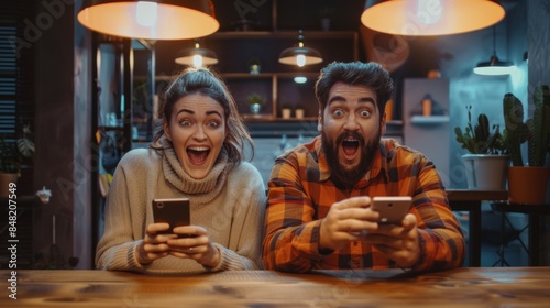 The excited couple with phones