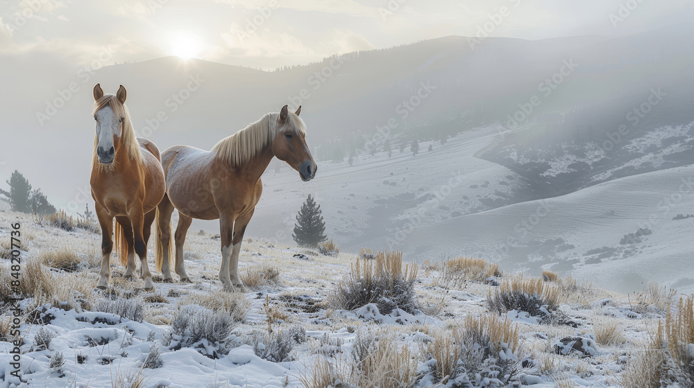 Obraz premium Two beautiful wild horses standing in snowy mountains at sunrise