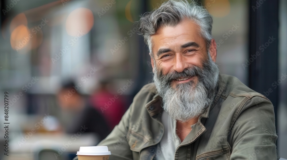 confident mature hispanic man with stylish grey beard enjoying coffee outdoors lifestyle portrait confident mature hispanic man with stylish grey beard enjoying coffee outdoors lifestyle portrait