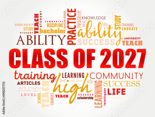 Class of 2027 - the group of students who graduated from high school or college in the year 2027, word cloud concept background